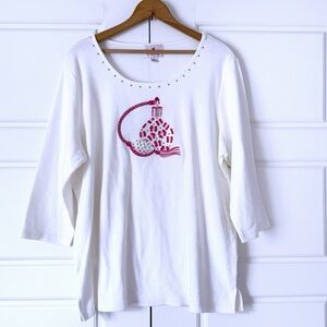 Quacker Factory Leopard Embroidered Tshirt 1X White Rhinestones Bling Bougie